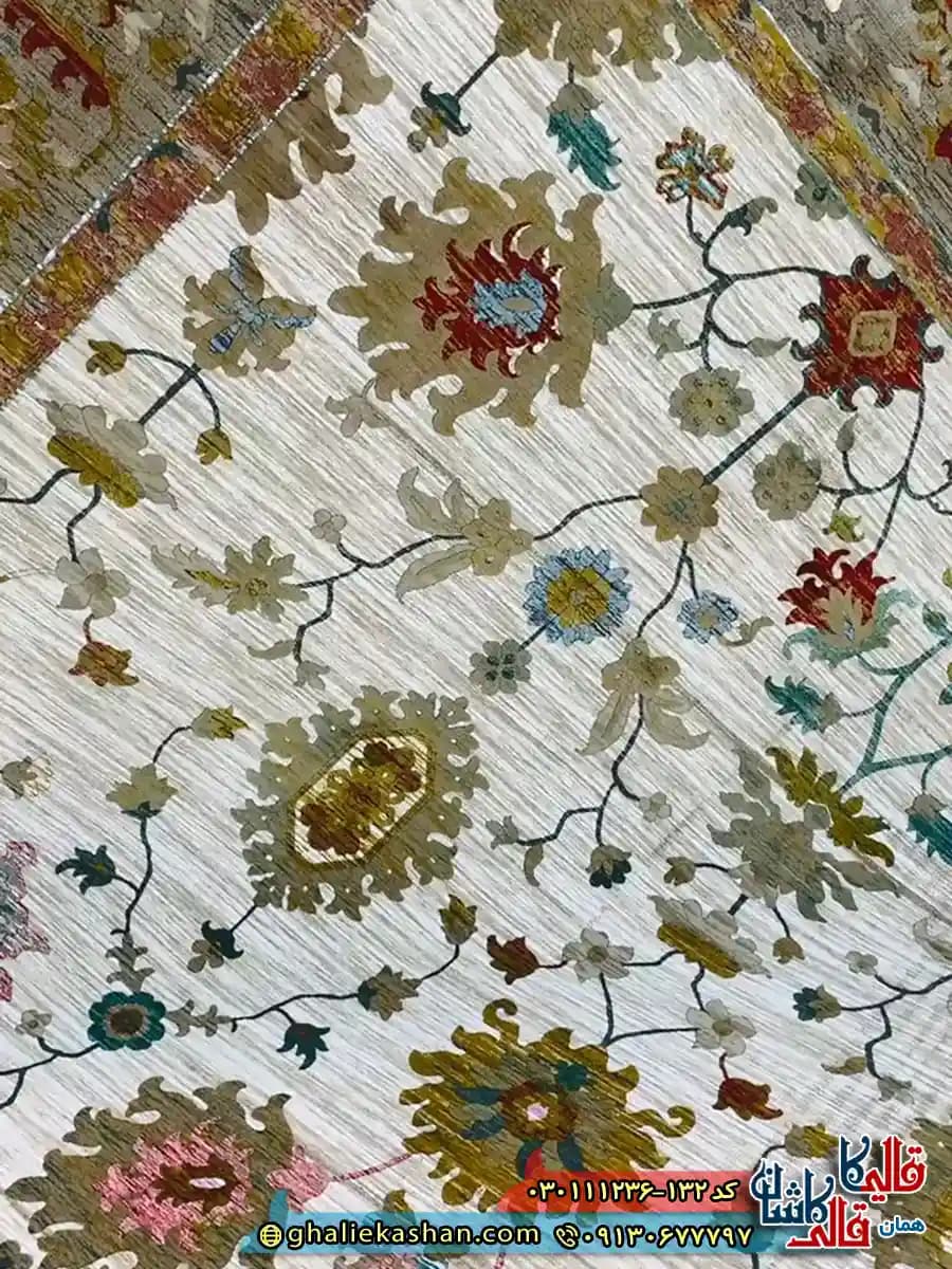 فرش وینتیج 1200 شانه طرح افشان سلطان آباد گیلدا رنگ کرم صدفی گل برجسته کاشان — تصویر ۵