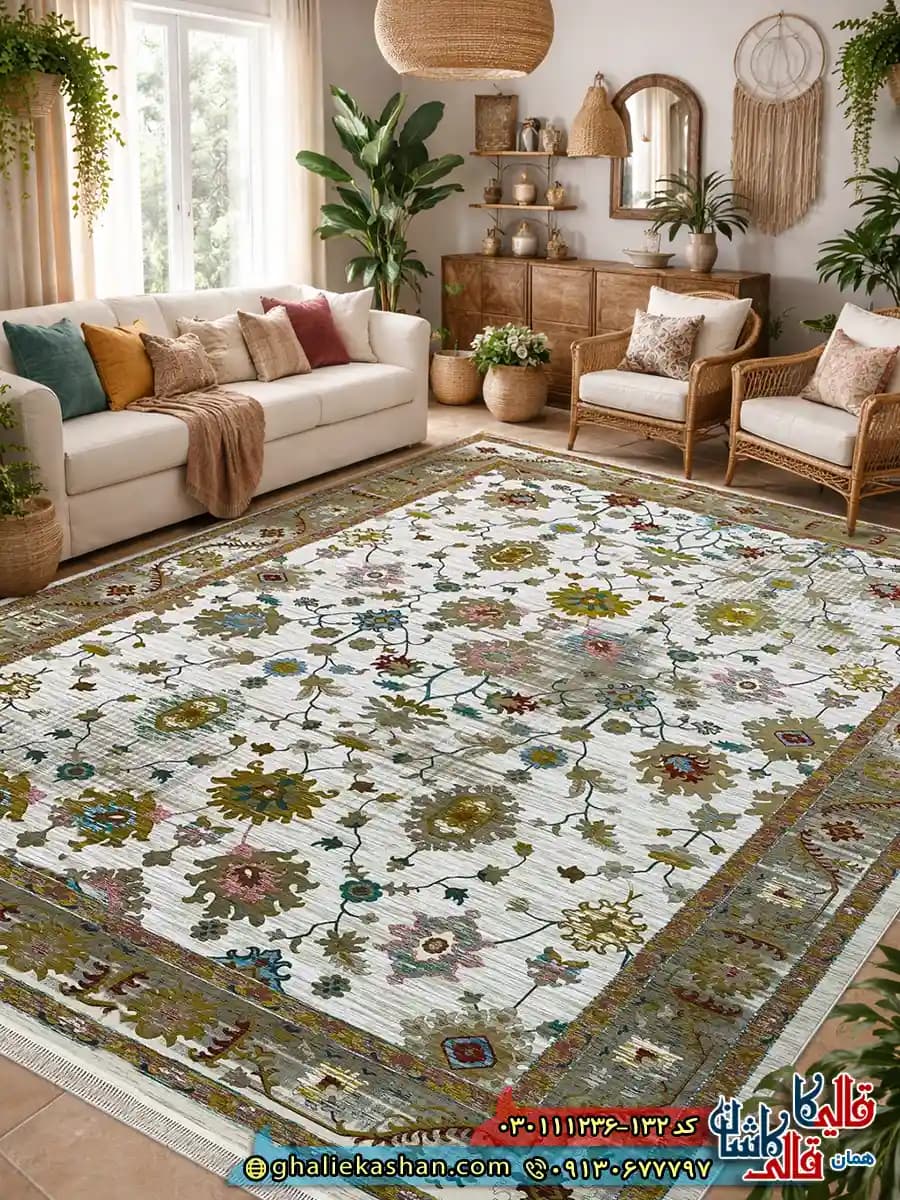 فرش وینتیج 1200 شانه طرح افشان سلطان آباد گیلدا رنگ کرم صدفی گل برجسته کاشان