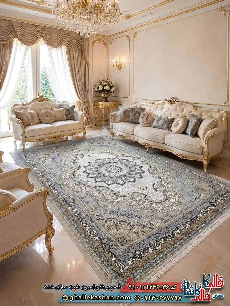 فرش طلاکوب 1200 شانه طرح ویولت رنگ نسکافه ای قهوه ای گل برجسته کاشان