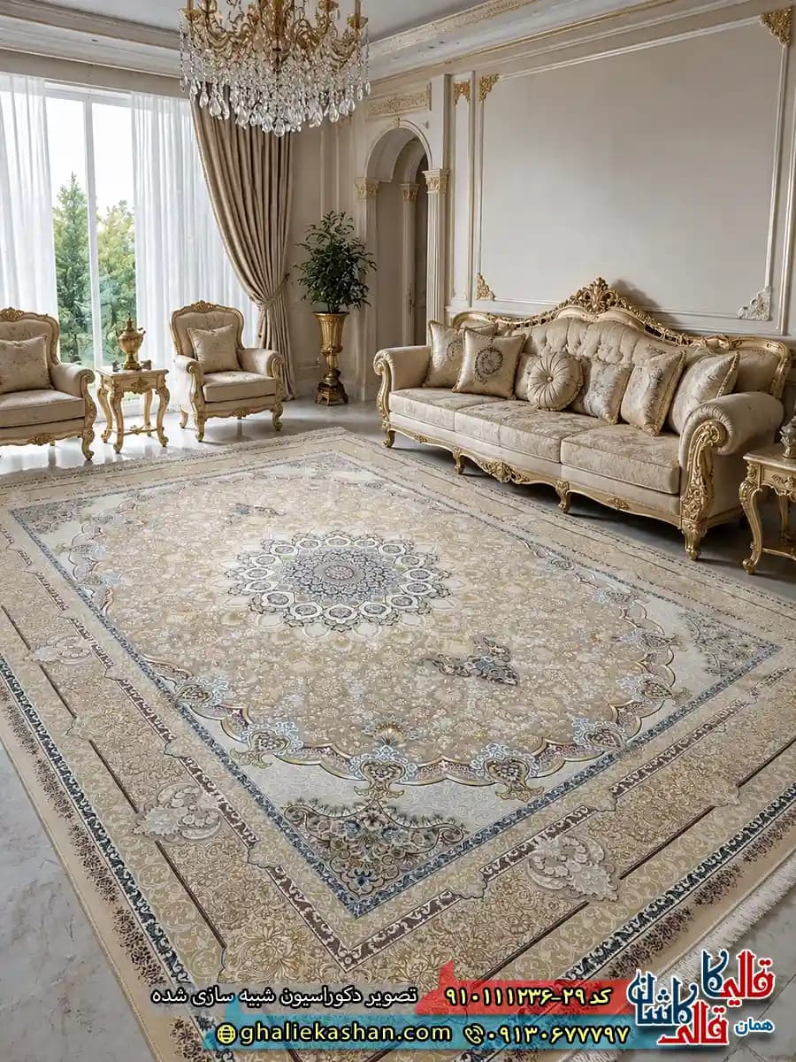 فرش طلاکوب 1200 شانه طرح سلطان رنگ کرم صدفی گل برجسته کاشان