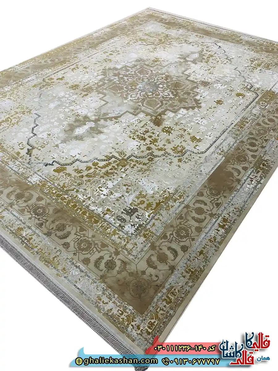 فرش وینتیج 1200 شانه طرح هریس رنگ فیلی ترمه ای گل برجسته کاشان — تصویر ۲
