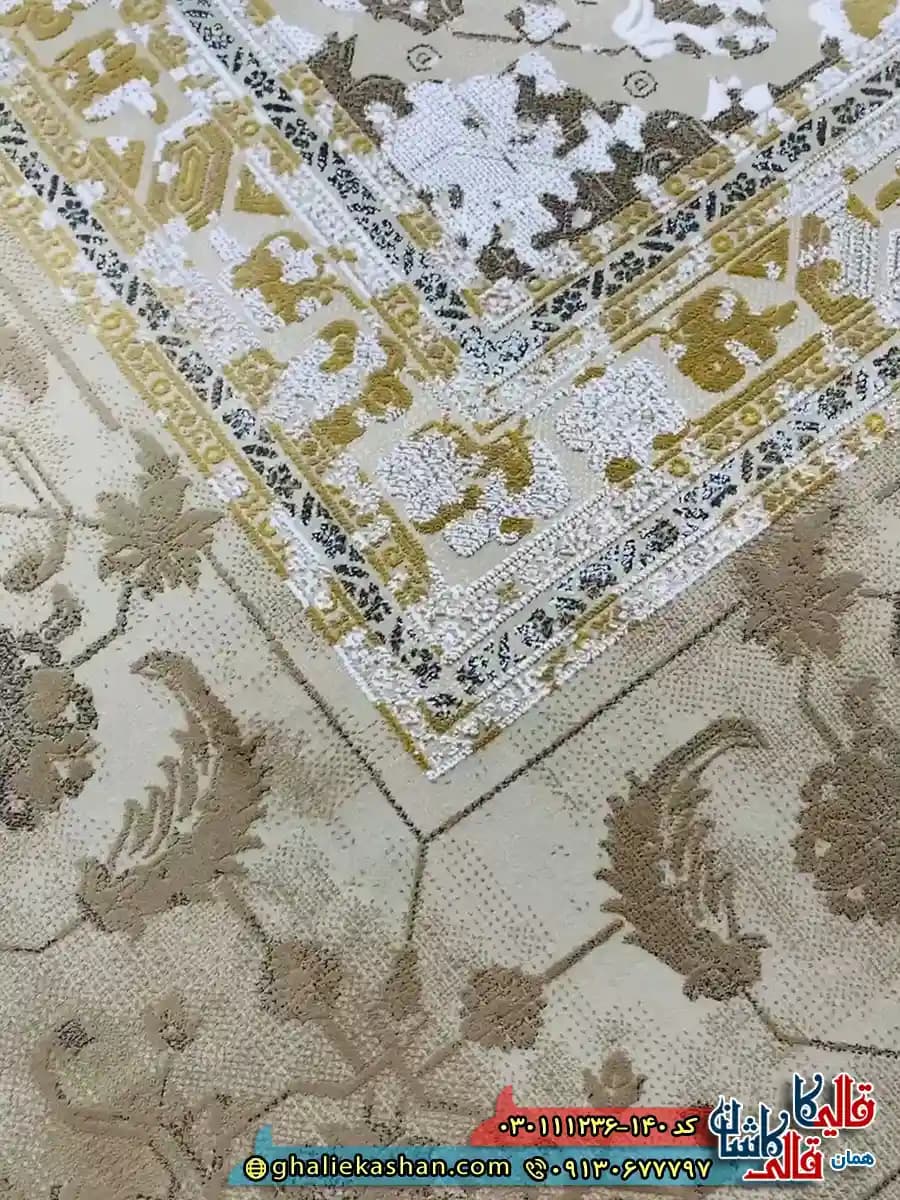فرش وینتیج 1200 شانه طرح هریس رنگ فیلی ترمه ای گل برجسته کاشان — تصویر ۵