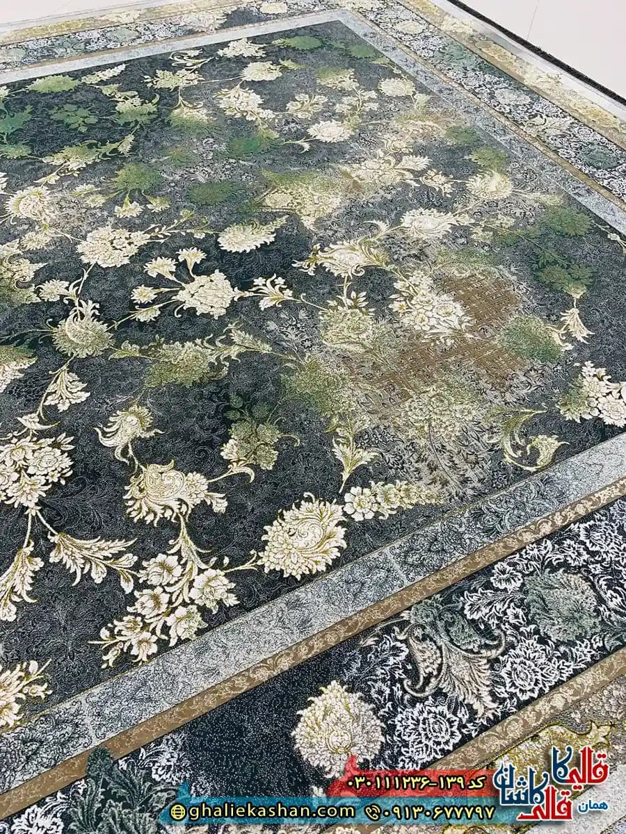 فرش وینتیج 1200 شانه طرح افشان میلان رنگ طوسی دودی سبز گل برجسته کاشان — تصویر ۳