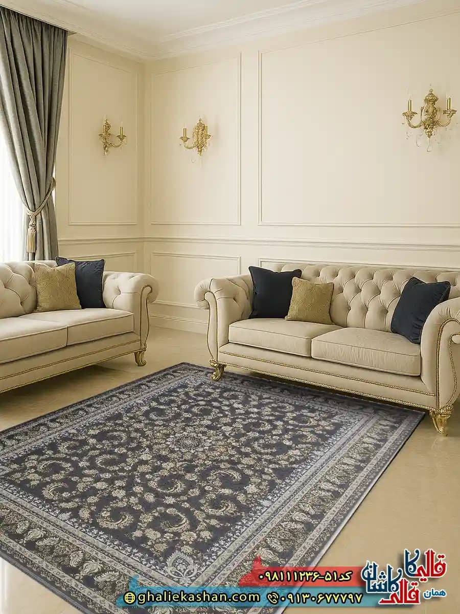 فرش طلاکوب 1200 شانه طرح افشان گندم رنگ طوسی نقره ای گل برجسته کاشان — تصویر ۲
