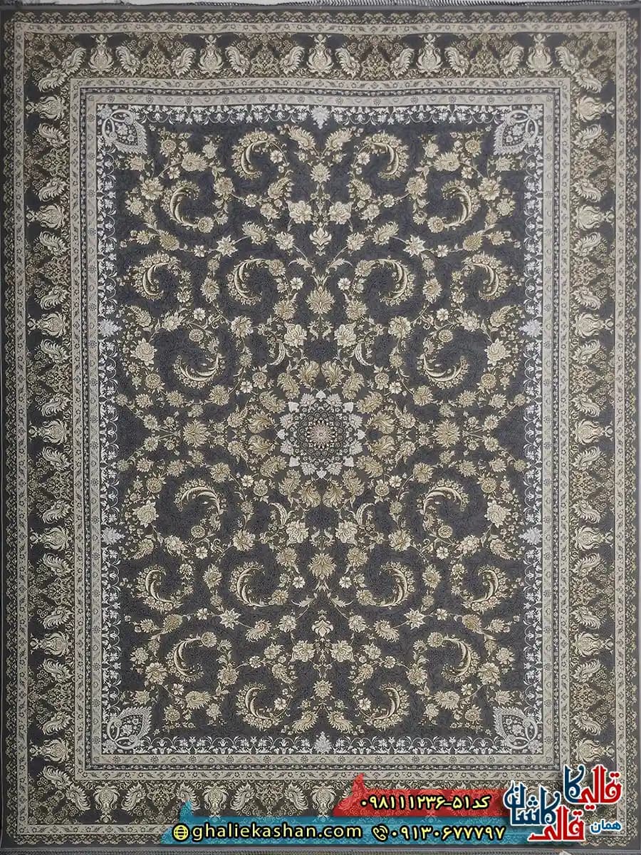 فرش طلاکوب 1200 شانه طرح افشان گندم رنگ طوسی نقره ای گل برجسته کاشان — تصویر ۳