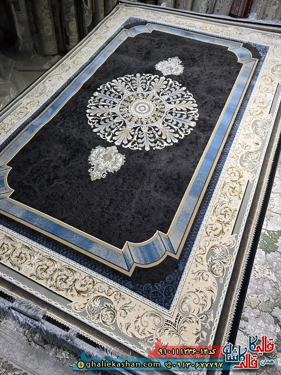 فرش طلاکوب 1200 شانه طرح خلیجی رنگ طوسی دودی گل برجسته کاشان — تصویر ۲