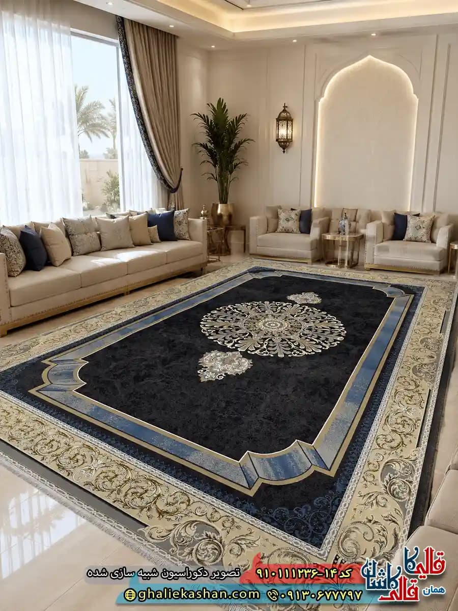فرش طلاکوب 1200 شانه طرح خلیجی رنگ طوسی دودی گل برجسته کاشان