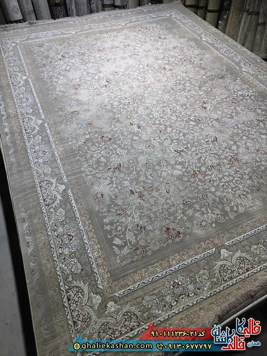 فرش وینتیج 1200 شانه طرح افشان گلبرگ رنگ نسکافه ای قهوه ای گل برجسته کاشان