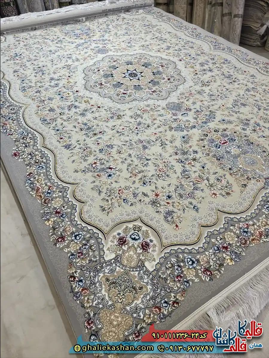 فرش کلاسیک 1200 شانه طرح افشان آتوسا رنگ کرم گل برجسته کاشان — تصویر ۲
