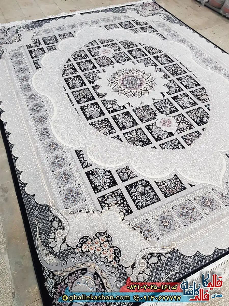 فرش 700 شانه خشتی طرح مانلی رنگ سرمه ای کاشان — تصویر ۳