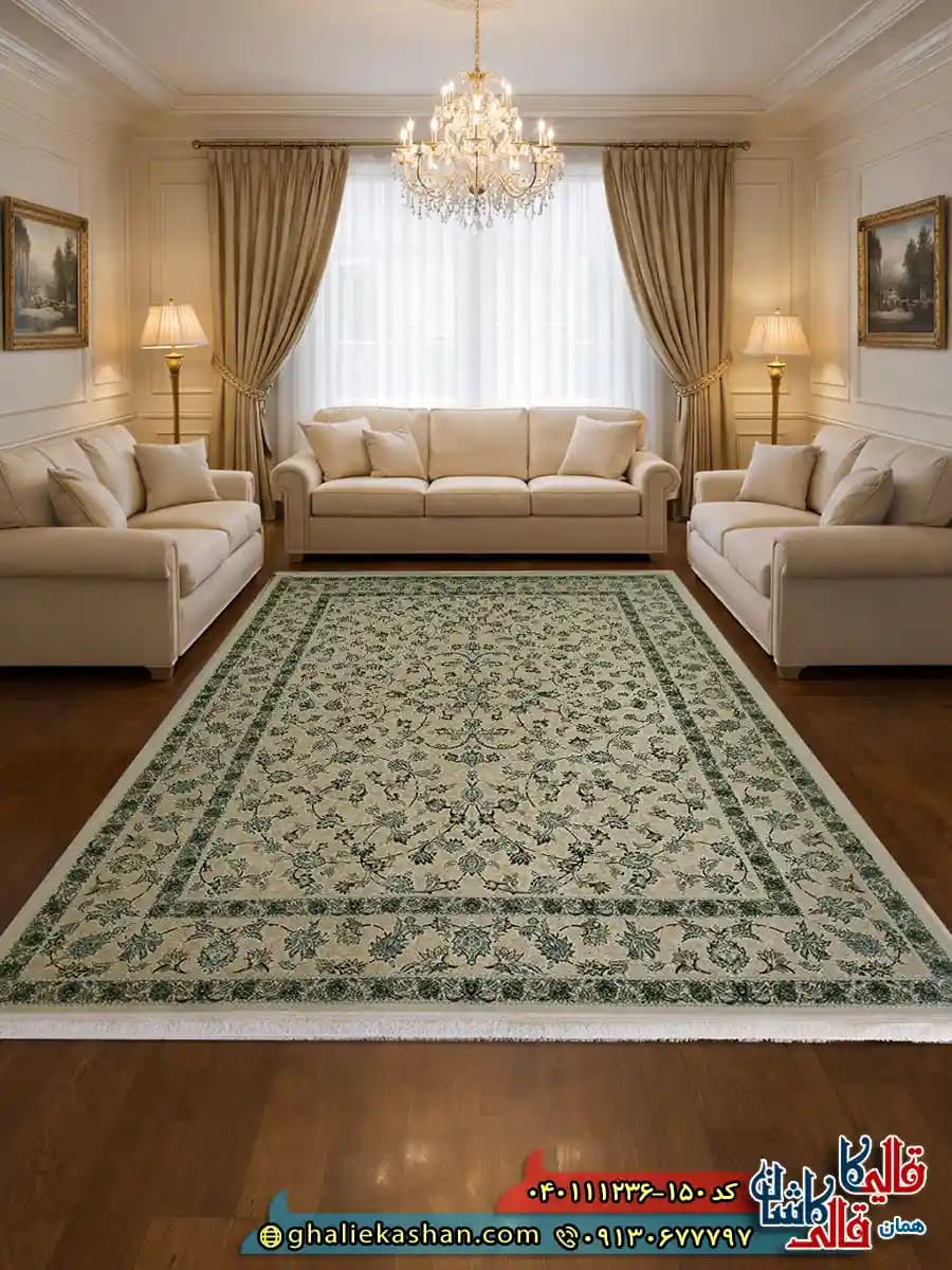 فرش 1200 شانه طرح افشان کارن رنگ کرم صدفی گل برجسته کاشان