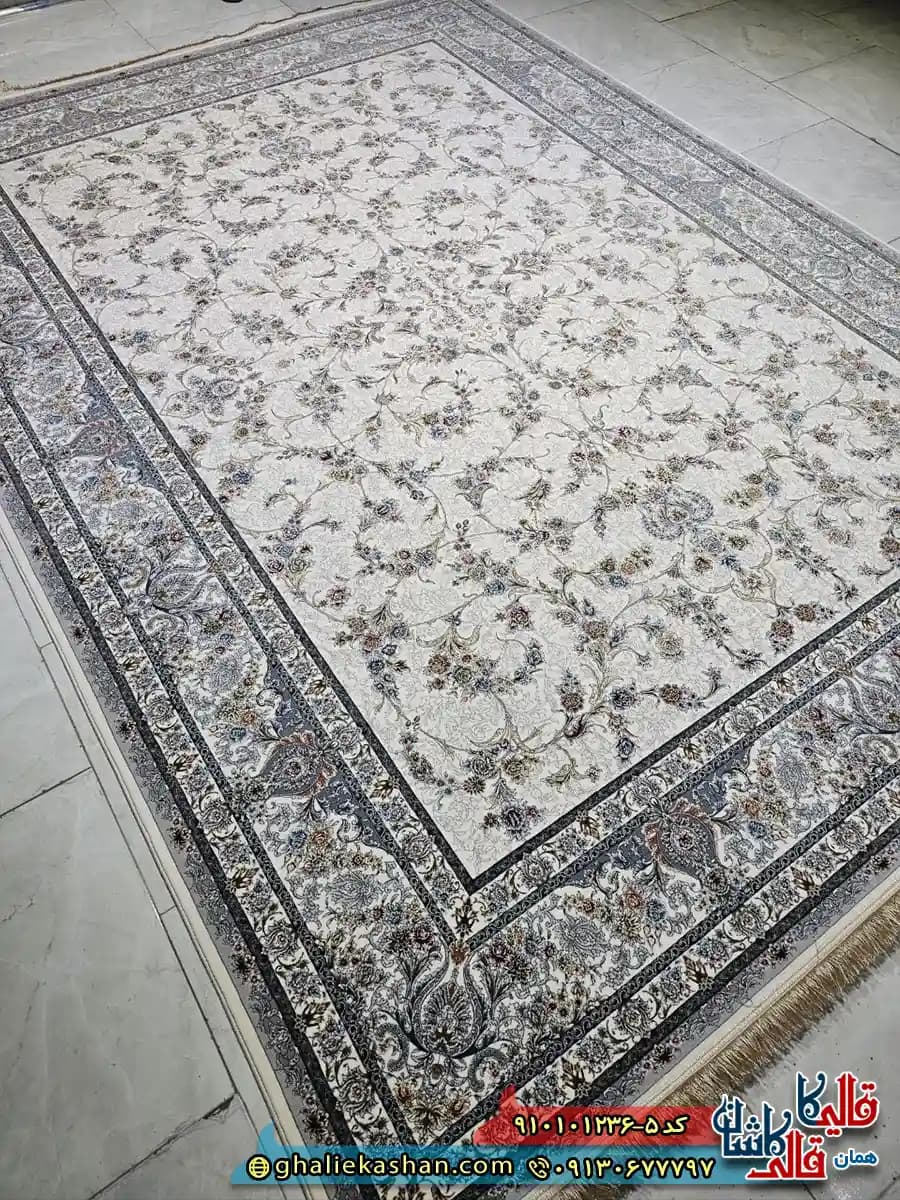 فرش کلاسیک 1200 شانه طرح افشان روشنک رنگ کرم کاشان