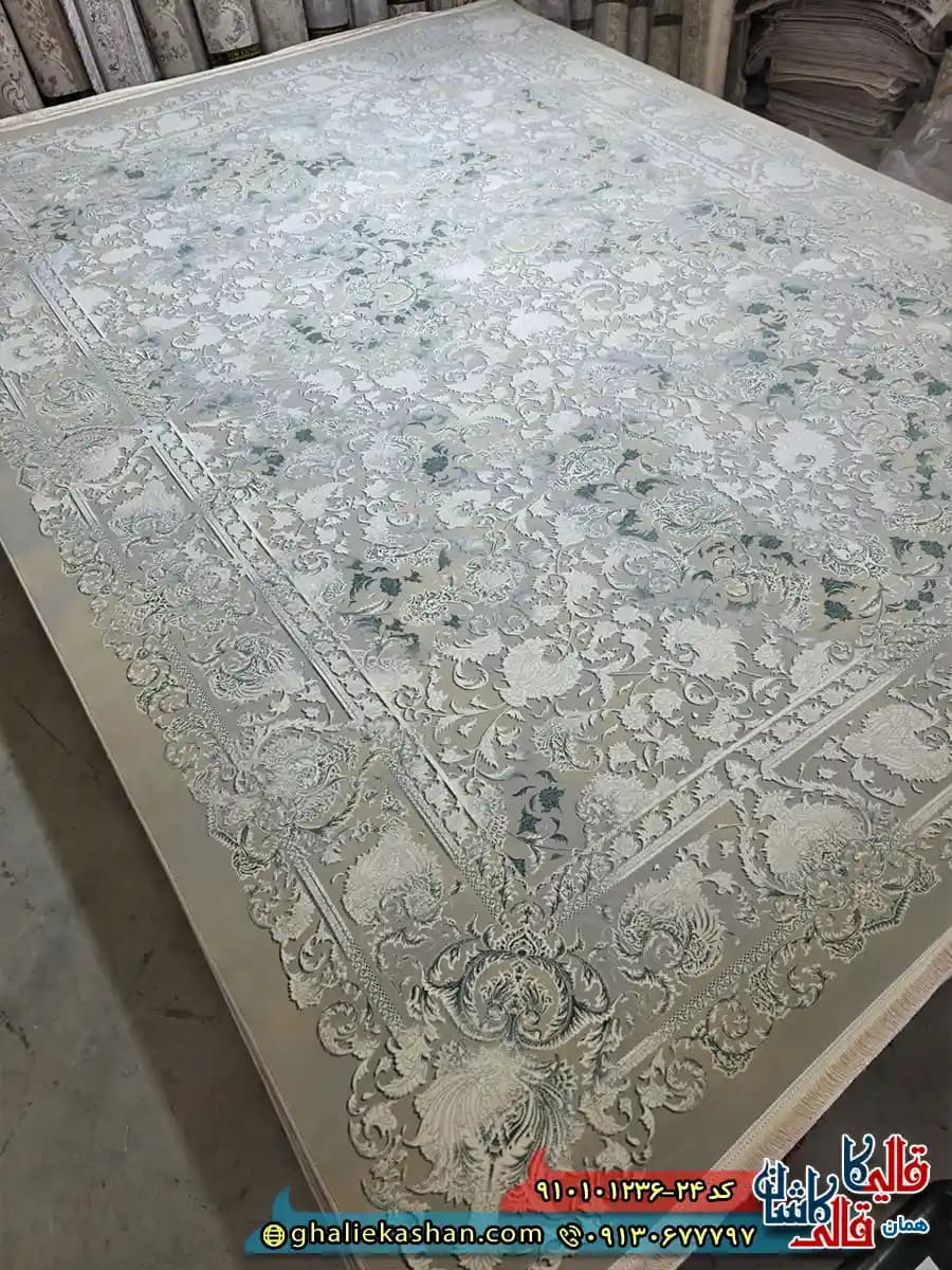 فرش وینتیج 1200 شانه طرح افشان ثمین رنگ طوسی فیلی گل سبز کاشان