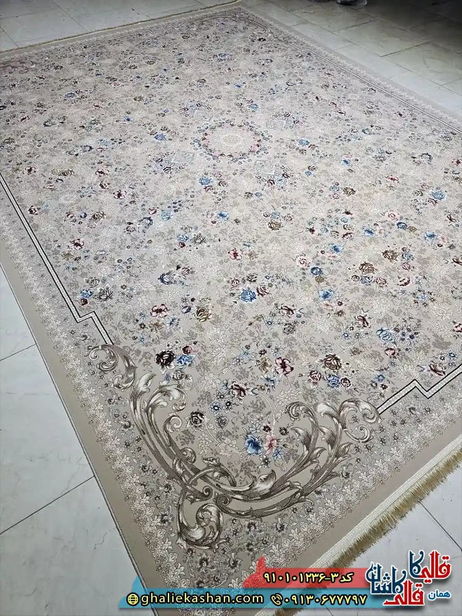 فرش طلاکوب کلاسیک 1200 شانه طرح افشان شیدا رنگ نسکافه ای قهوه ای کاشان