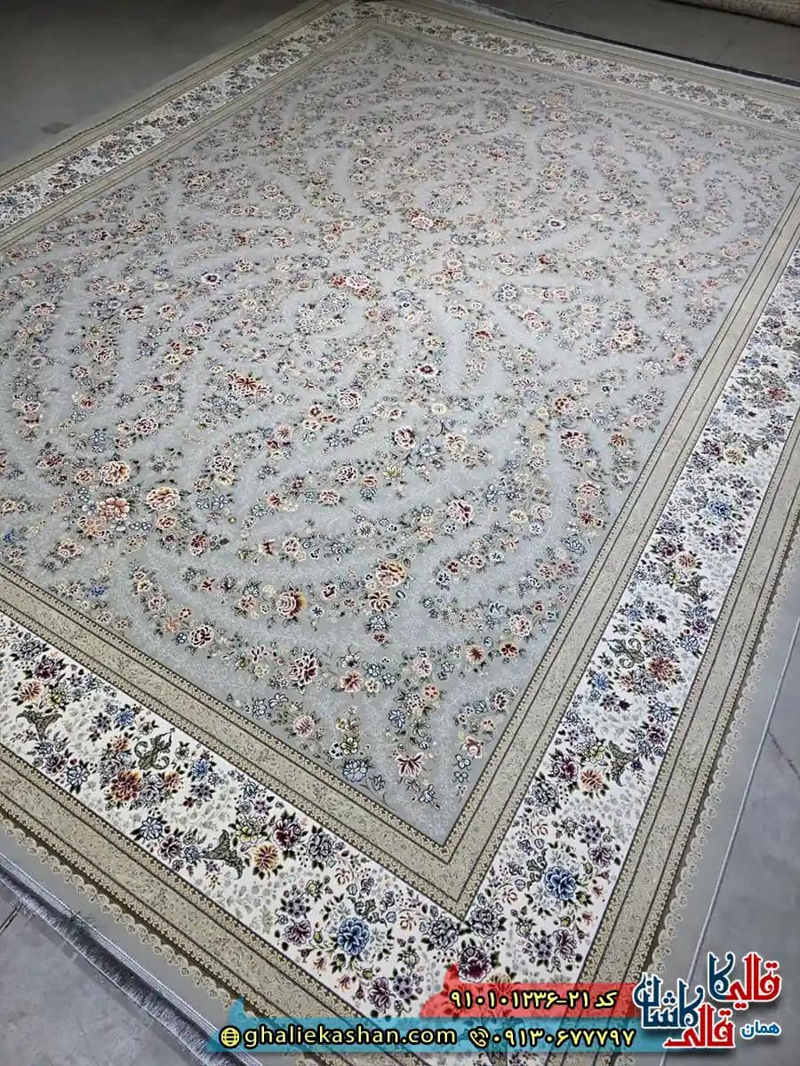 فرش کلاسیک 1200 شانه طرح افشان ناوک رنگ طوسی نقره ای کاشان — تصویر ۲