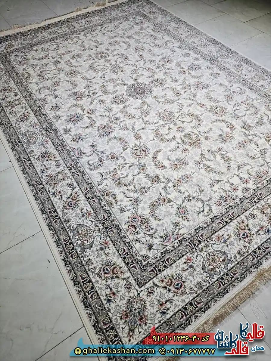 فرش کلاسیک 1200 شانه طرح افشان نگارین رنگ کرم کاشان