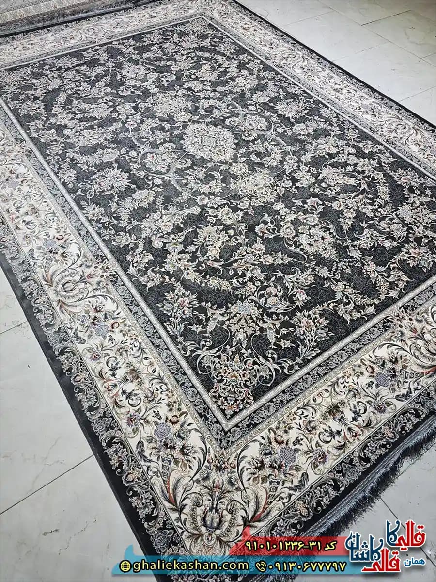فرش کلاسیک 1200 شانه طرح افشان آتیلا رنگ طوسی دودی کاشان — تصویر ۲