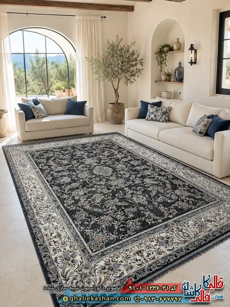 فرش کلاسیک 1200 شانه طرح افشان آتیلا رنگ طوسی دودی کاشان