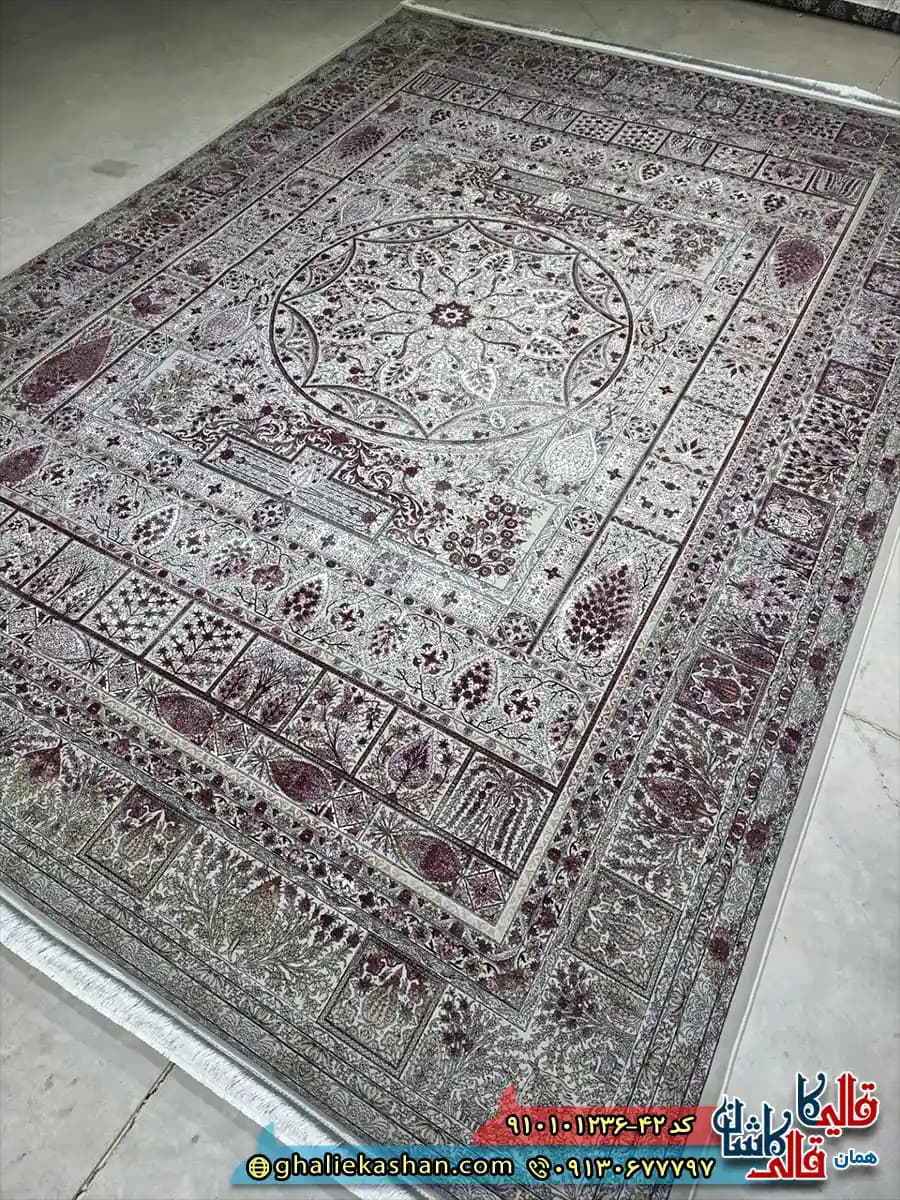 فرش وینتیج سنتی 1200 شانه خشتی طرح ترنجبین رنگ طوسی نقره ای قرمز کاشان — تصویر ۲