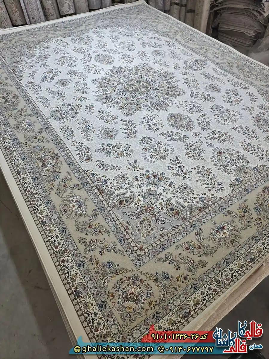 فرش کلاسیک 1200 شانه طرح شهداد رنگ کرم کاشان