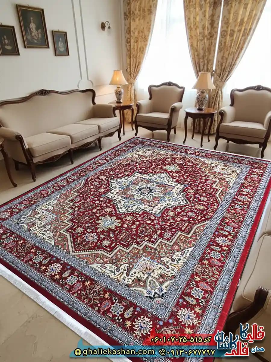 فرش 700 شانه طرح هریس رنگ قرمز کاشان