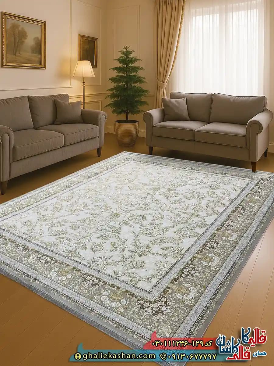 فرش طلاکوب 1200 شانه طرح افشان طلا رنگ کرم صدفی گل برجسته کاشان