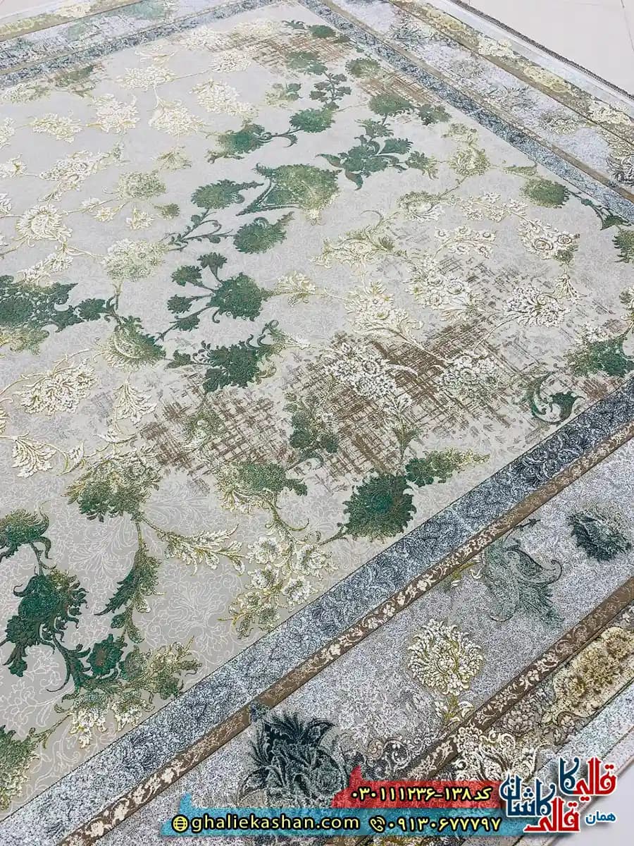 فرش وینتیج 1200 شانه طرح افشان میلان رنگ فیلی ترمه ای سبز گل برجسته کاشان — تصویر ۴