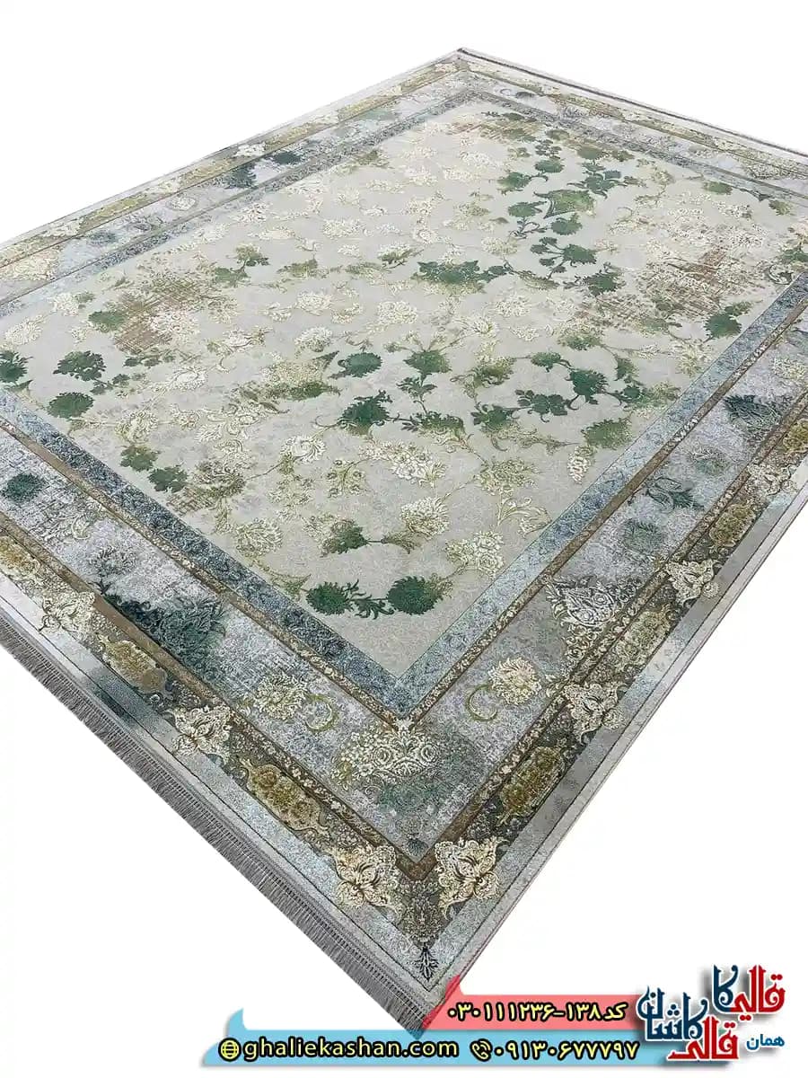 فرش وینتیج 1200 شانه طرح افشان میلان رنگ فیلی ترمه ای سبز گل برجسته کاشان — تصویر ۲