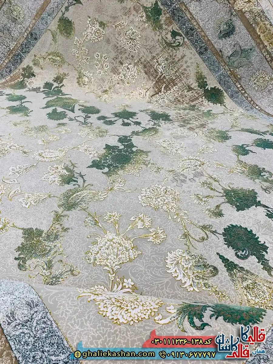 فرش وینتیج 1200 شانه طرح افشان میلان رنگ فیلی ترمه ای سبز گل برجسته کاشان — تصویر ۳