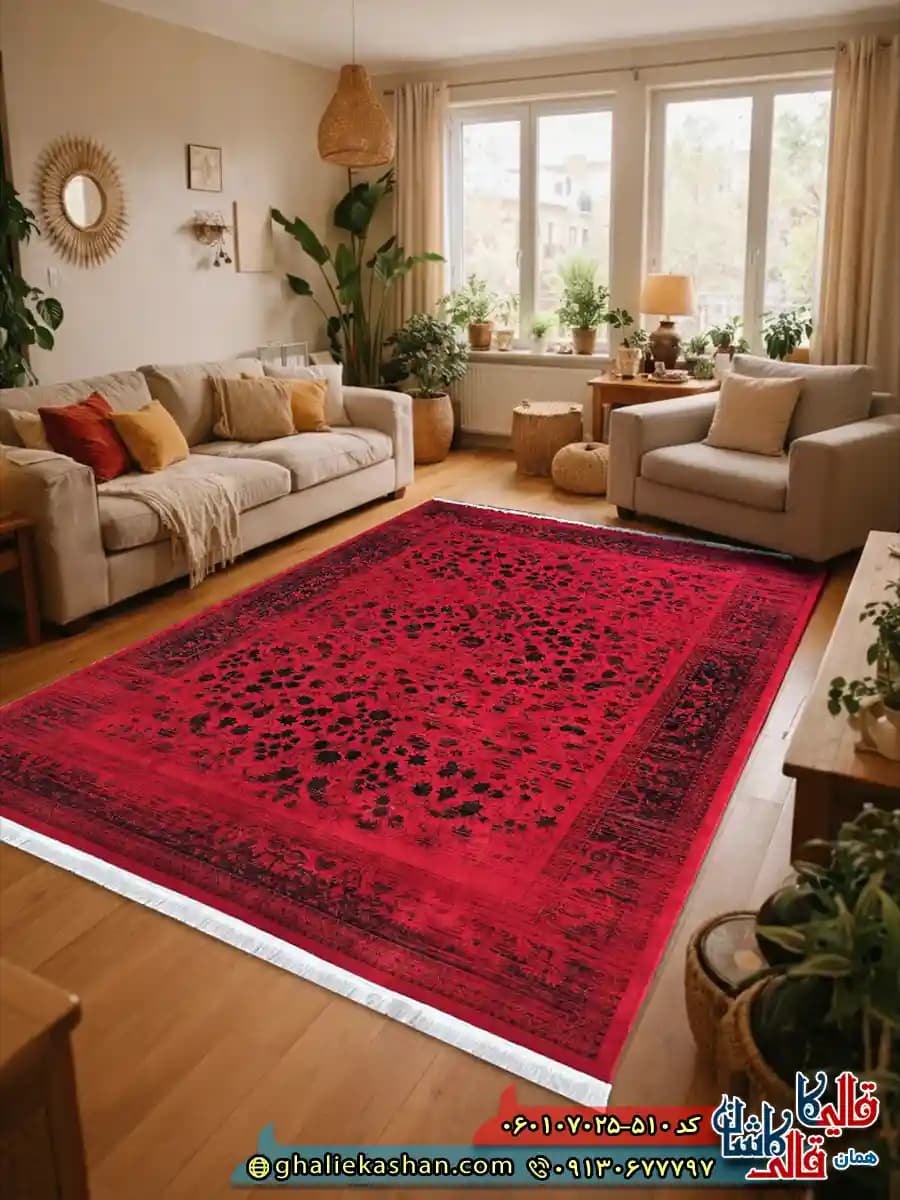 فرش وینتیج 700 شانه طرح افشان ویدا رنگ قرمز کاشان