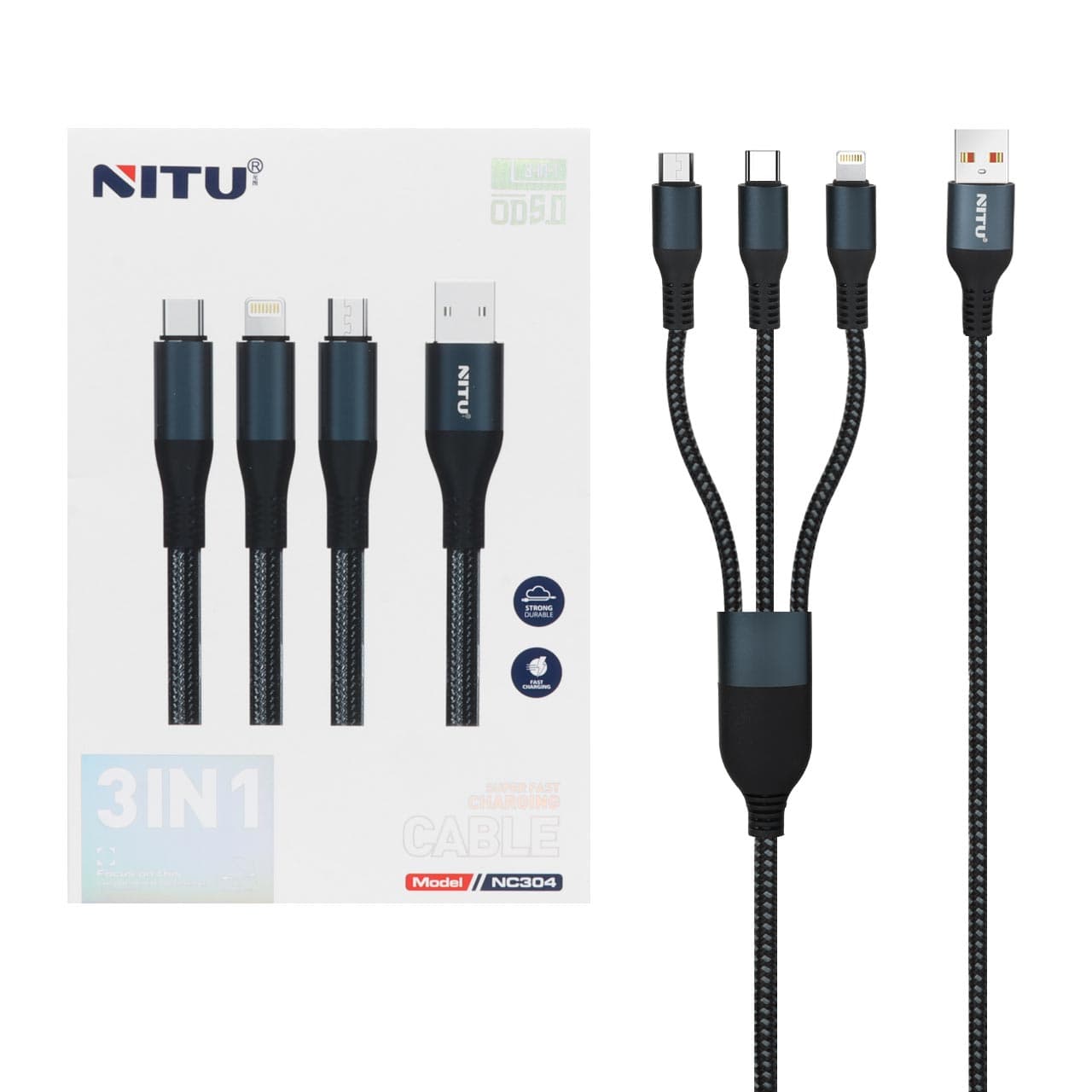 کابل شارژ و دیتا فست کنفی سه کاره Nitu مدل NC304 – سرمه ای (گارانتی 6 ماه تعویض نیکان همراه)