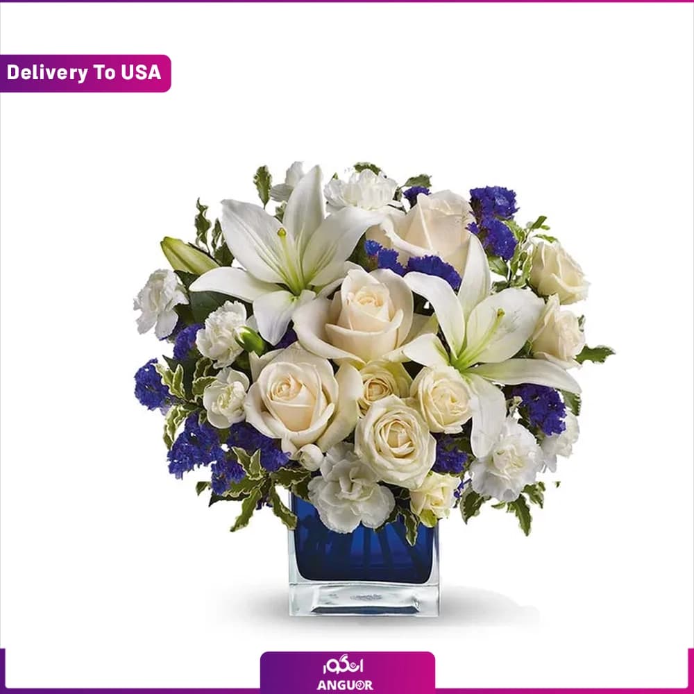 دسته گل یاقوت کبود + گلدان (تحویل در امریکا)