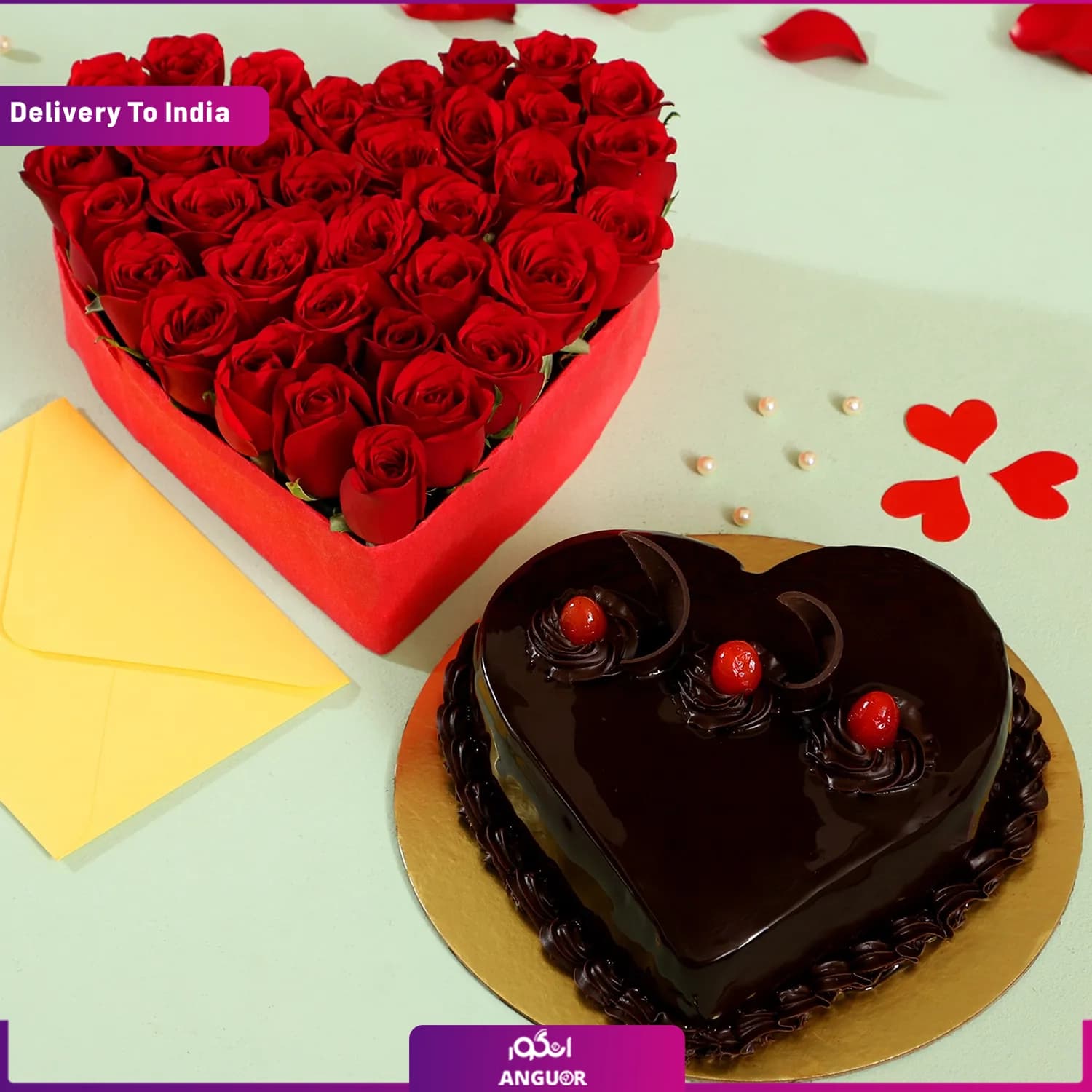 باکس گل رز شکل قلب با کیک (تحویل در هند)