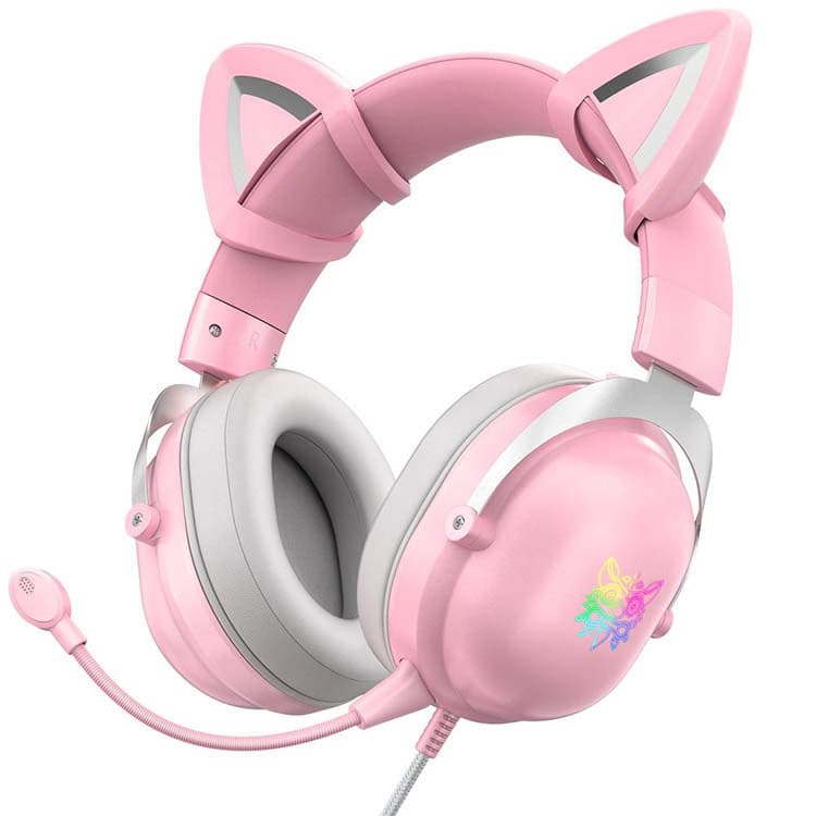 هدفون مخصوص بازی اونیکوما مدل X11 صورتی طرح Cat Ears RGB