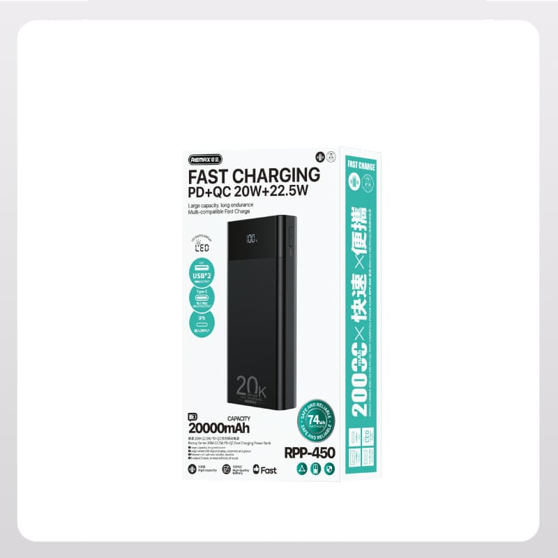 پاوربانک ریمکس مدل RPP-450 22.5W ظرفیت 20000 میلی آمپر — تصویر ۲