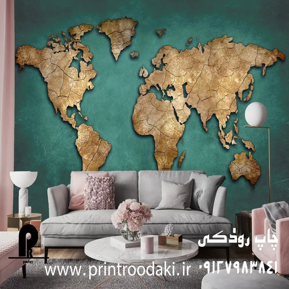 پوستر دیواری نقشه جهان زمینه سبز