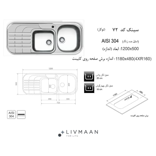 سینک اخوان توکار مدل کد 72 — تصویر ۲