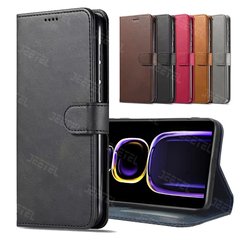 کیف چرمی Xiaomi POCO F5 مدل لپ تاپی جاکارتی دار (محافظ لنزدار)
