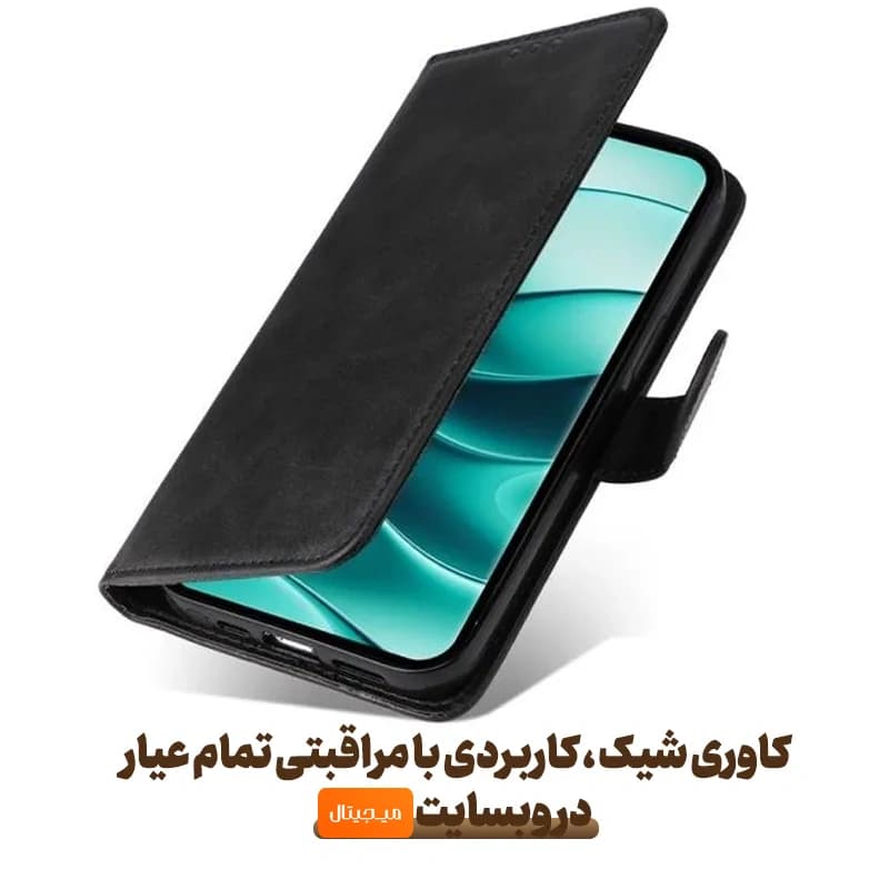 کیف چرمی Xiaomi Redmi Note 14 Pro 5G / Poco X7 مدل لپ تاپی جاکارتی دار (محافظ لنزدار) — تصویر ۷