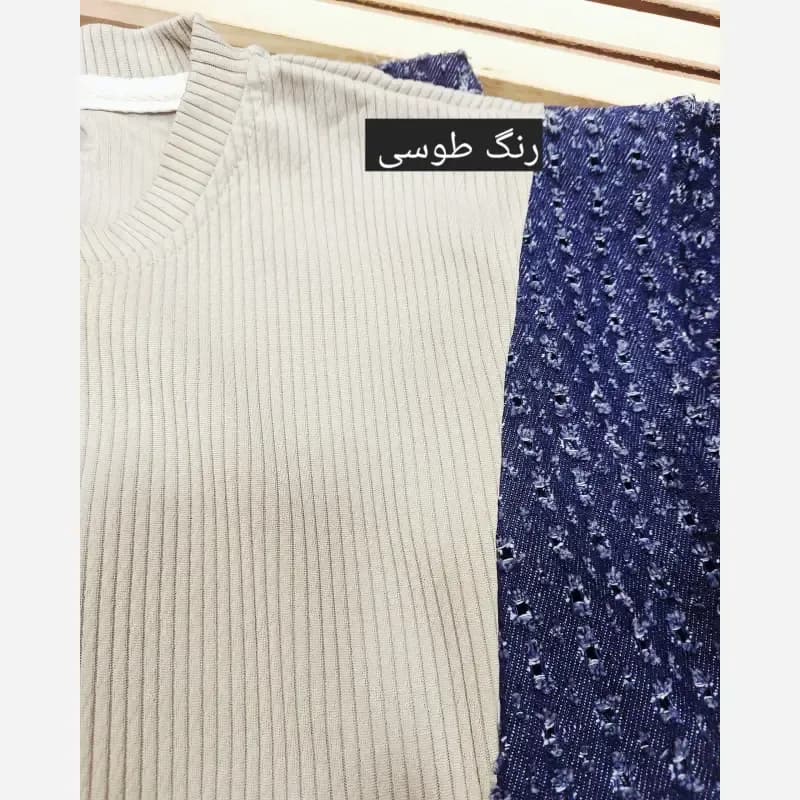 ست بلوز و شلوار ترکیبی جین و کبریتی بچگانه مناسب 4 تا 13 سال رنگبندی طوسی کرمی یشمی — تصویر ۵