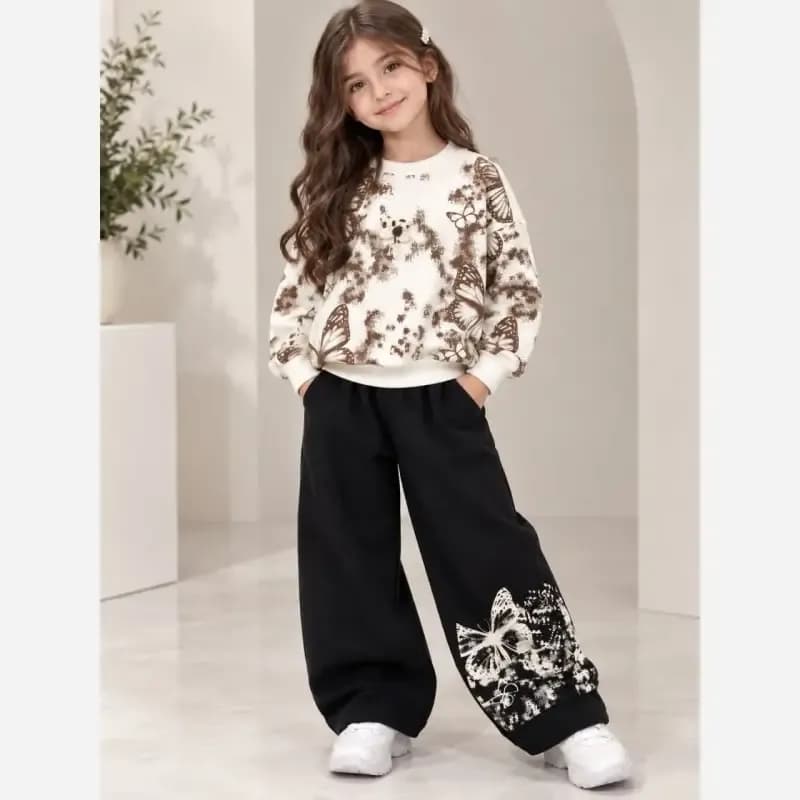 ست بلوز و شلوار دخترانه دورس طرح پروانه رنگ سفید کرم شکلاتی سایز 45 تا 65 — تصویر ۳