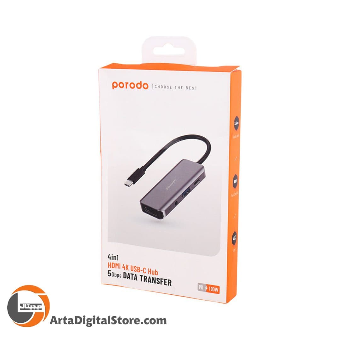 هاب Porodo PD-41CHB Type-C To USB 3.0/HDMI/AUX/Type-C PD — تصویر ۵