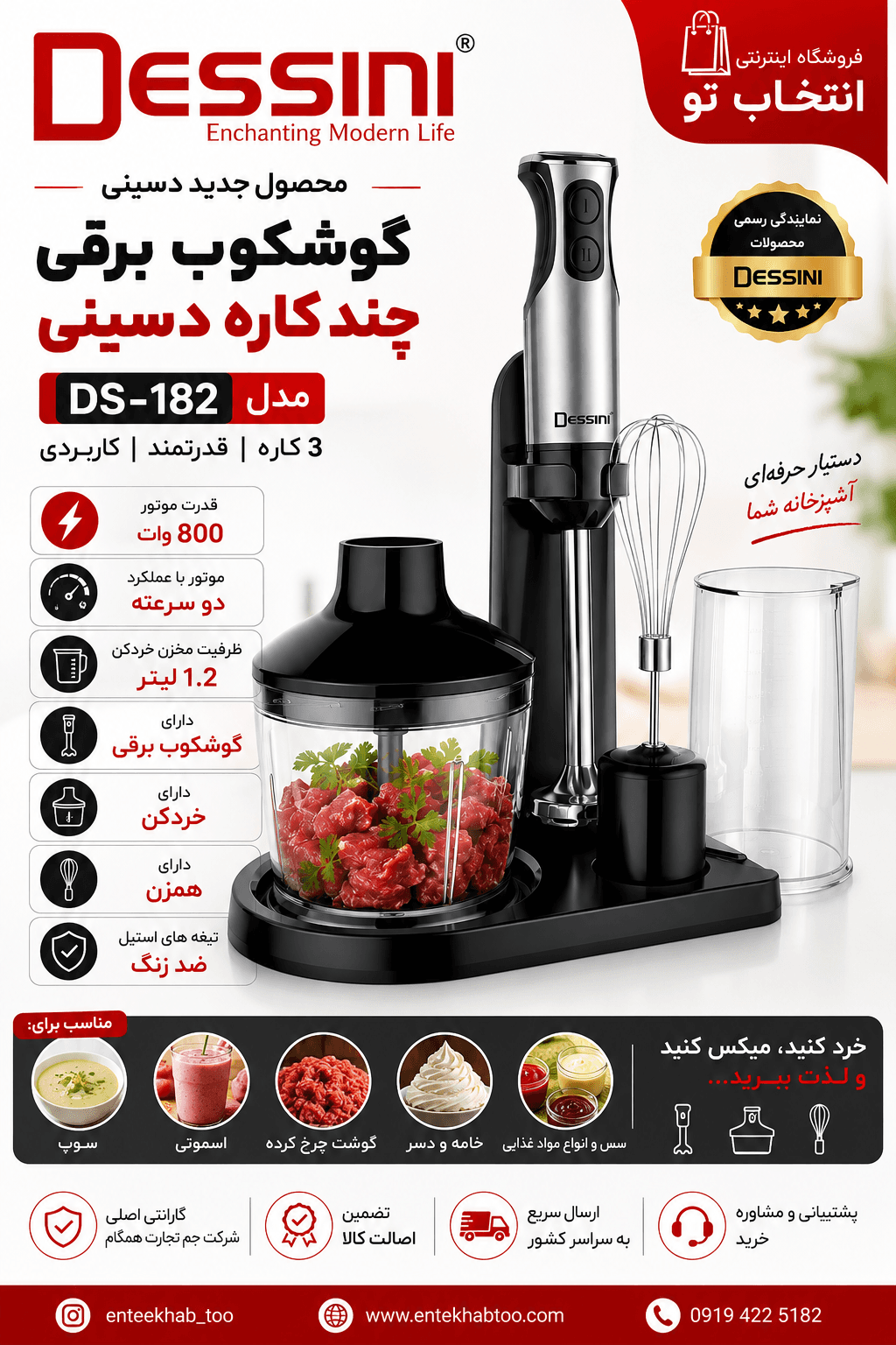 گوشتکوب برقی چندکاره دسینی مدل DS-182 — تصویر ۲
