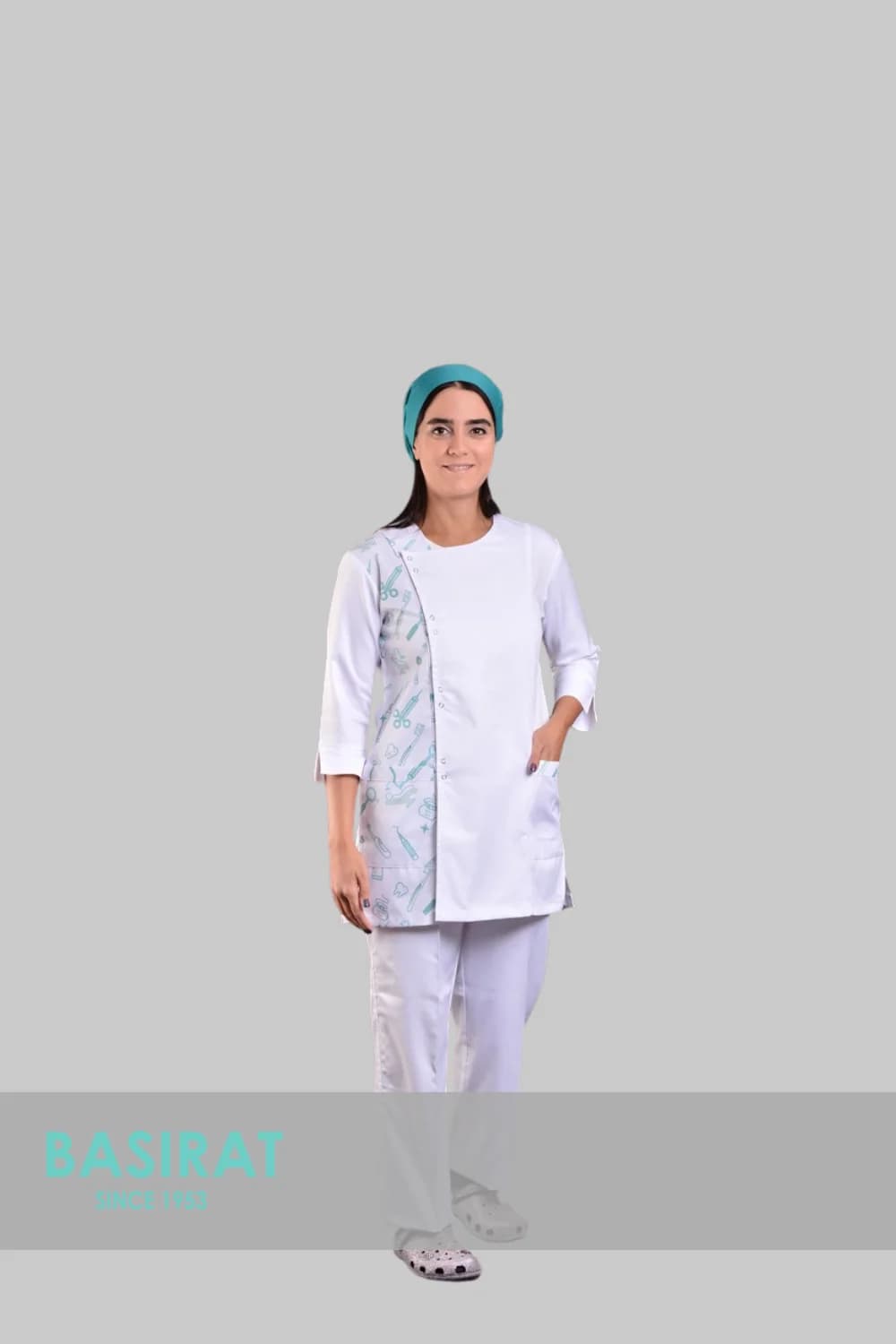 اسکراب پزشکی جلو دکمه دار طرح دندان سفید (دو رنگ) زنانه (تک)
