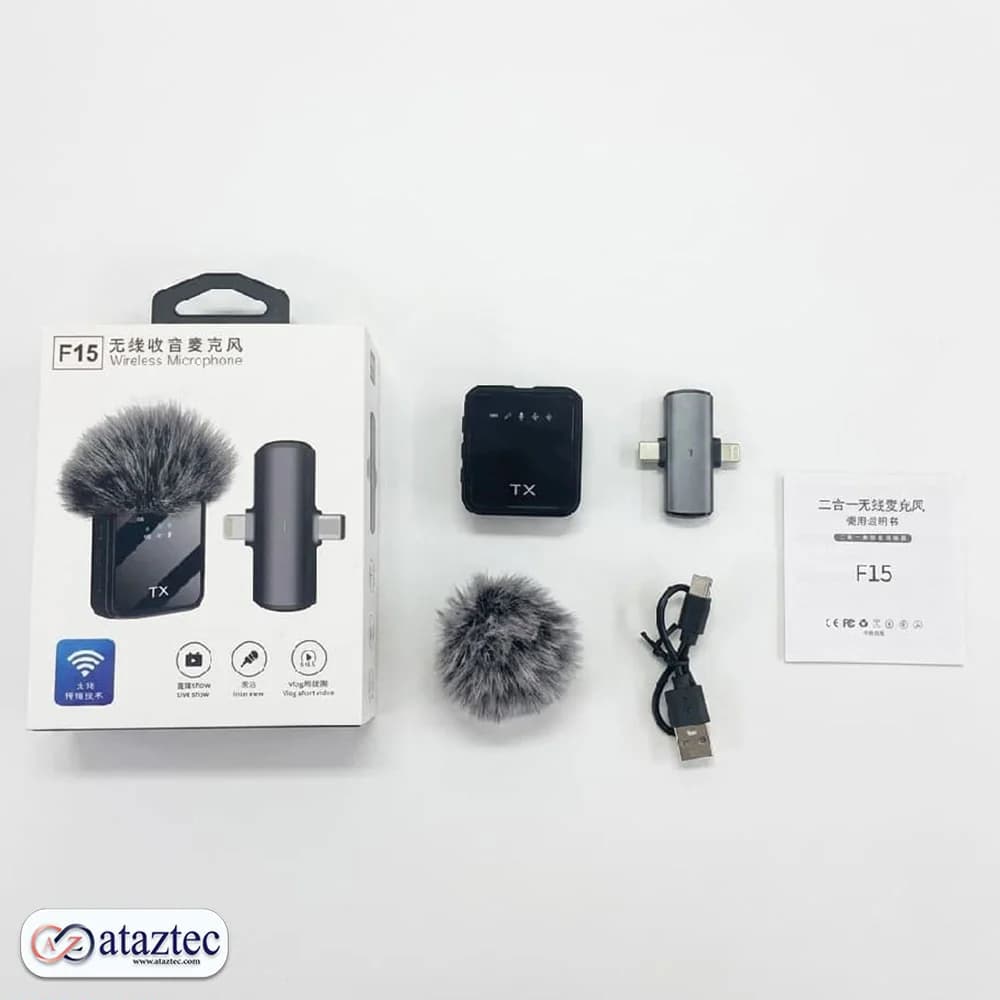 میکروفون یقه‌ای بی‌سیم F15 | برد ۲۰ متر، حذف نویز و قابلیت 4K Voice — تصویر ۲