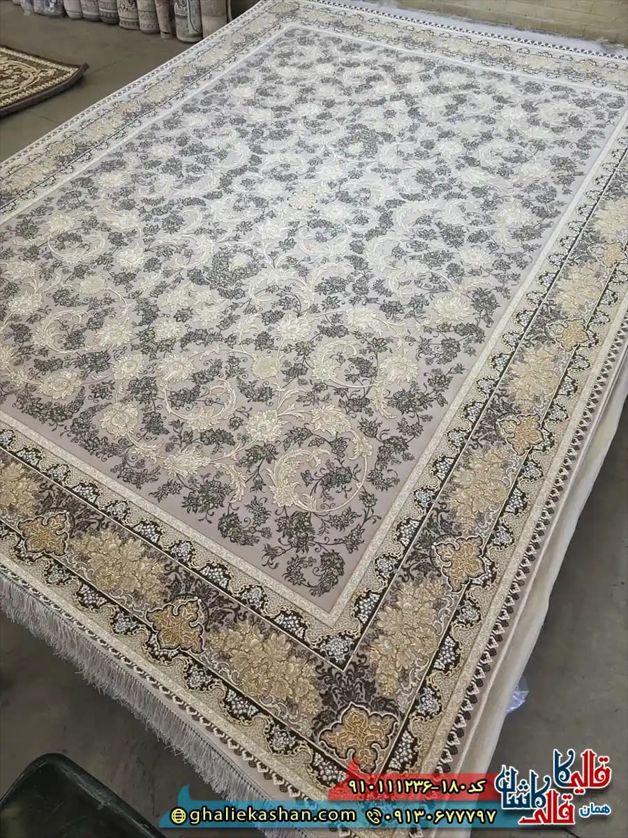 فرش طلاکوب 1200 شانه طرح افشان صدف رنگ طوسی فیلی 2 گل برجسته کاشان — تصویر ۲