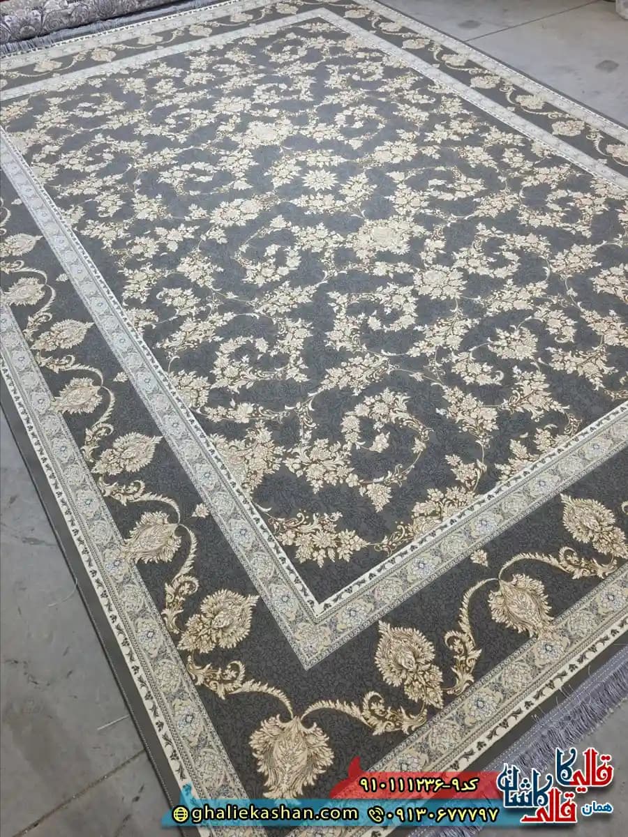 فرش طلاکوب 1200 شانه طرح افشان النا رنگ طوسی گل برجسته کاشان