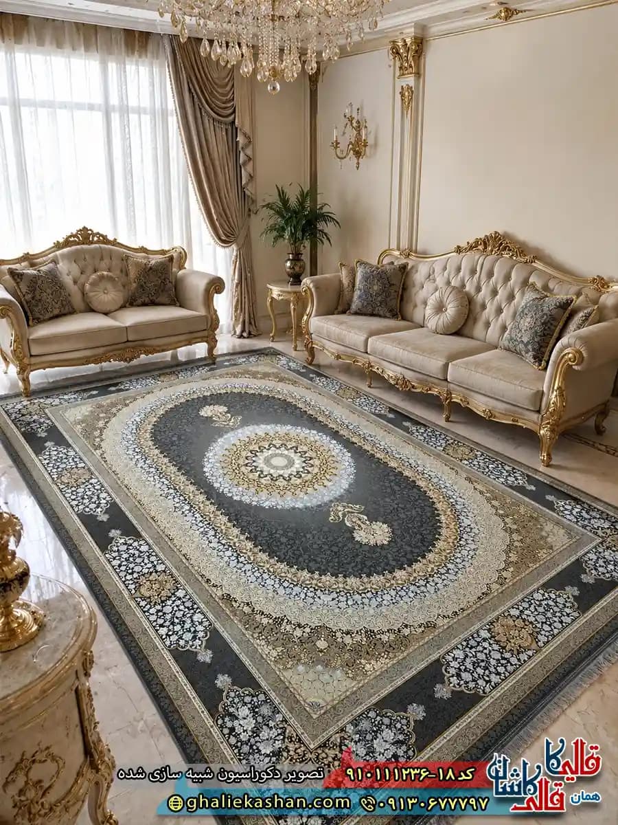 فرش طلاکوب 1200 شانه طرح صدرا رنگ مشکی زغالی گل برجسته کاشان