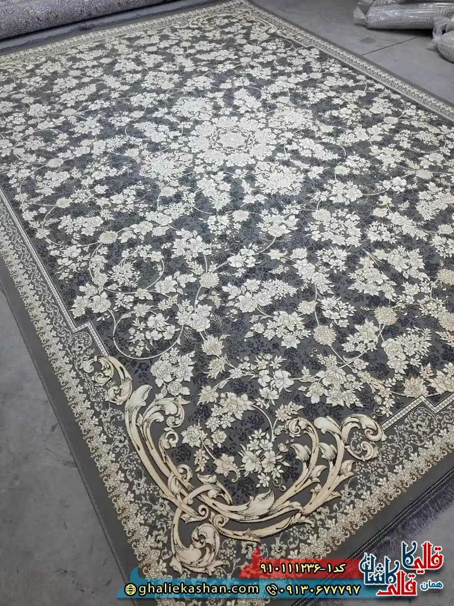 فرش طلاکوب 1200 شانه طرح افشان گندم رنگ طوسی گل برجسته کاشان — تصویر ۲
