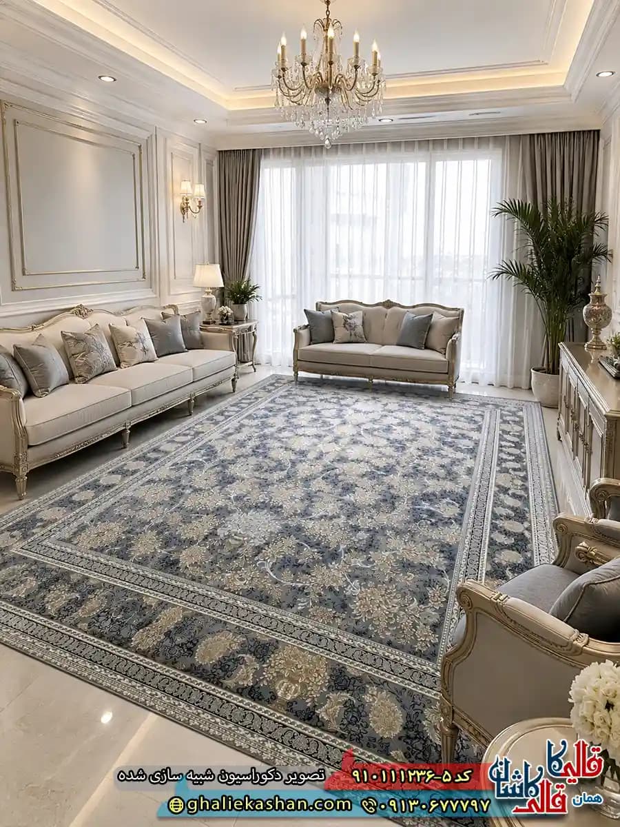 فرش طلاکوب 1200 شانه طرح افشان نگار رنگ طوسی نقره ای گل برجسته کاشان